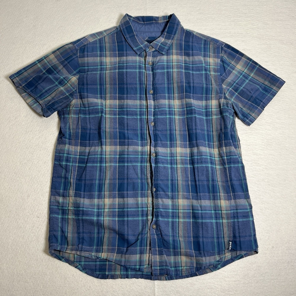 PrAna Men's Large Plaid Check Short Sleeve Button Down Organic Cotton Blue‎